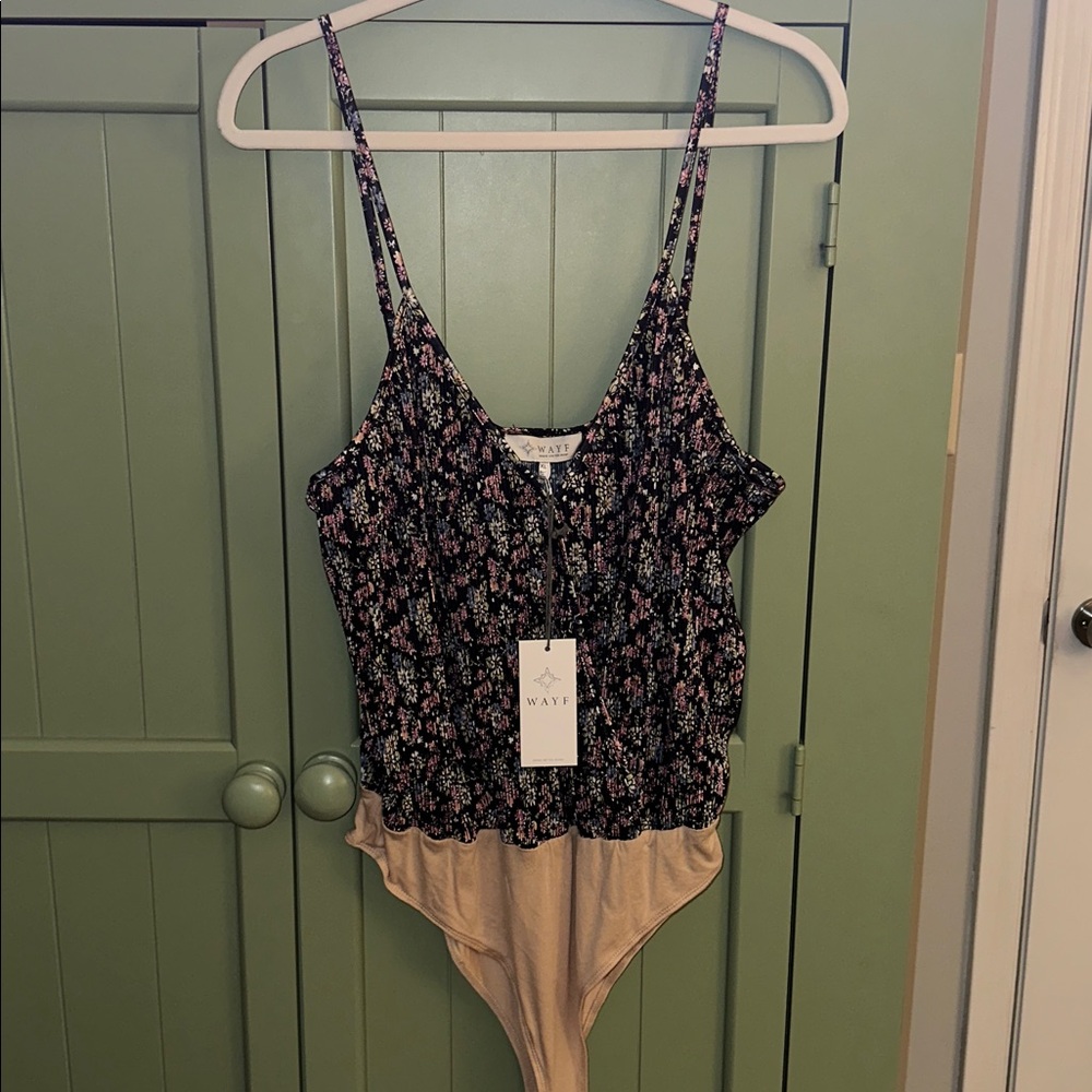 WAYF Black Floral Bodysuit with Pink/Blue/Cream Accents